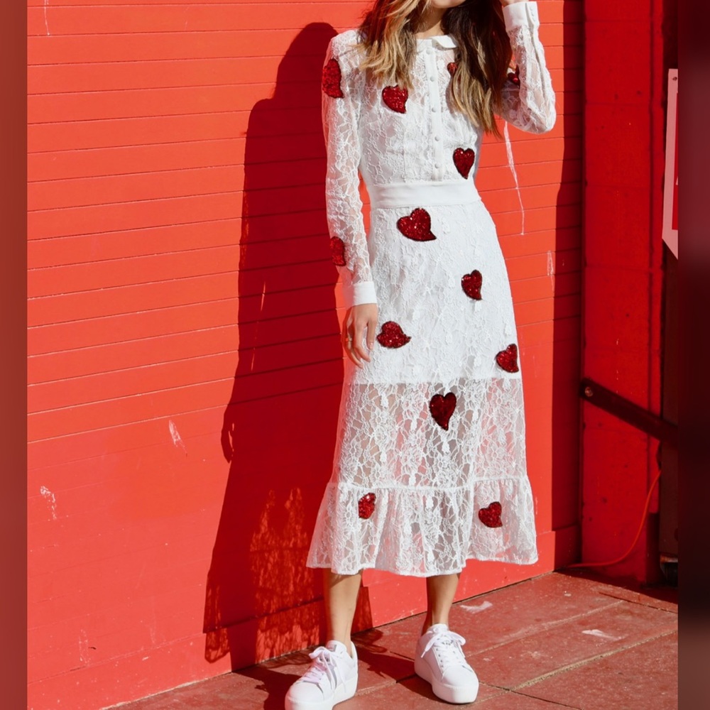 For Love & Lemons Jamie King LaZosia Sequins Heart Lace Midi Dress